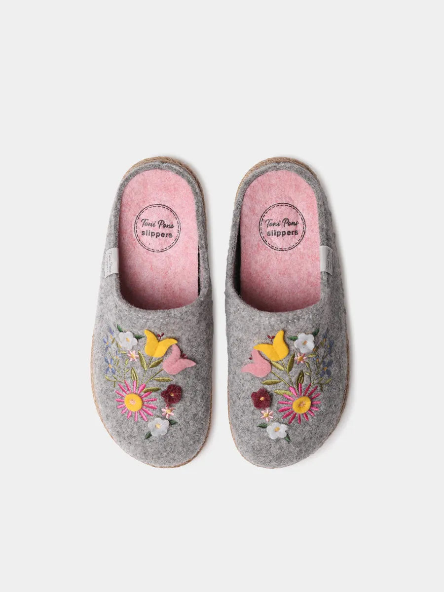 Pantufla para mujer en fieltro con flores | DELI-EF